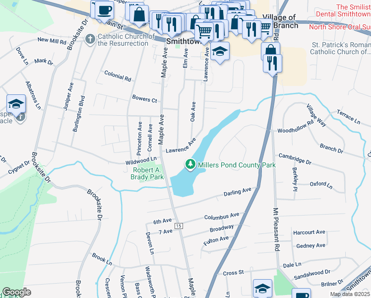 map of restaurants, bars, coffee shops, grocery stores, and more near 26 Lawrence Avenue in Smithtown