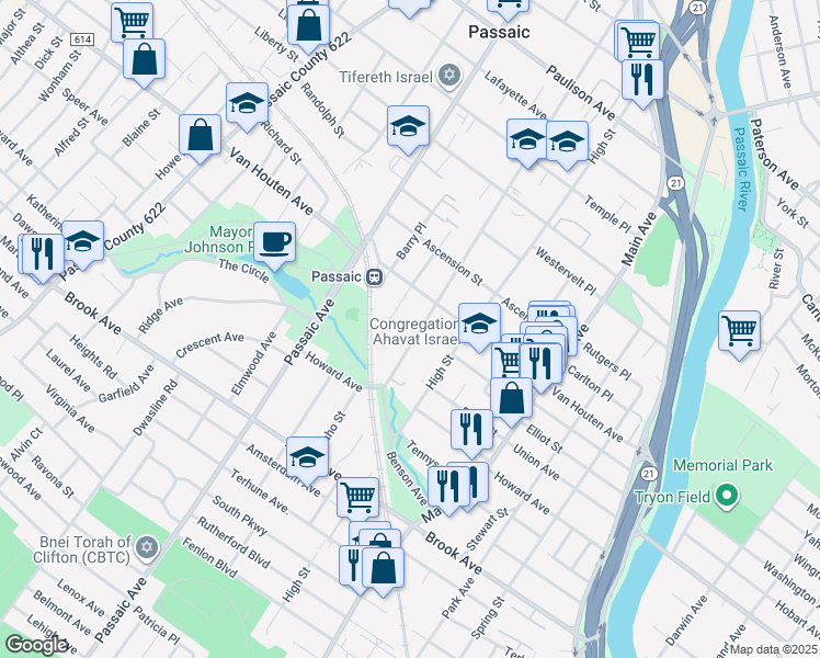 map of restaurants, bars, coffee shops, grocery stores, and more near 89 Reid Avenue in Passaic