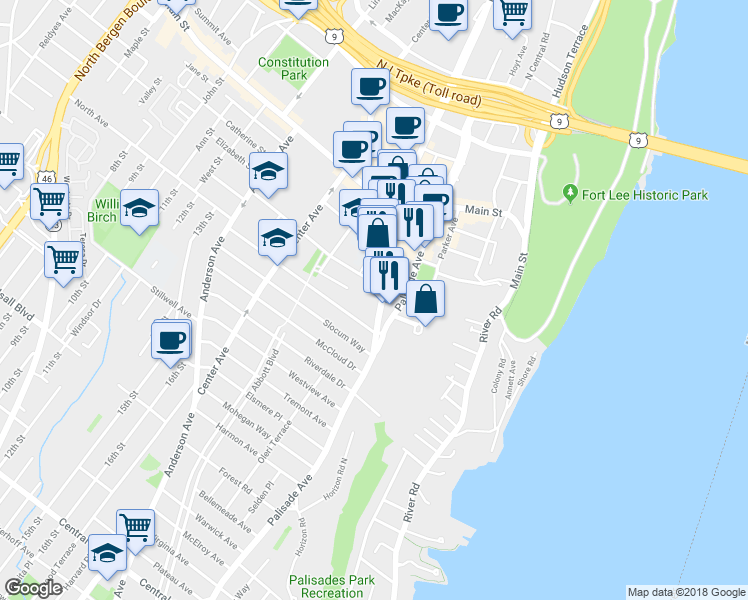 map of restaurants, bars, coffee shops, grocery stores, and more near 1557 Lemoine Avenue in Fort Lee