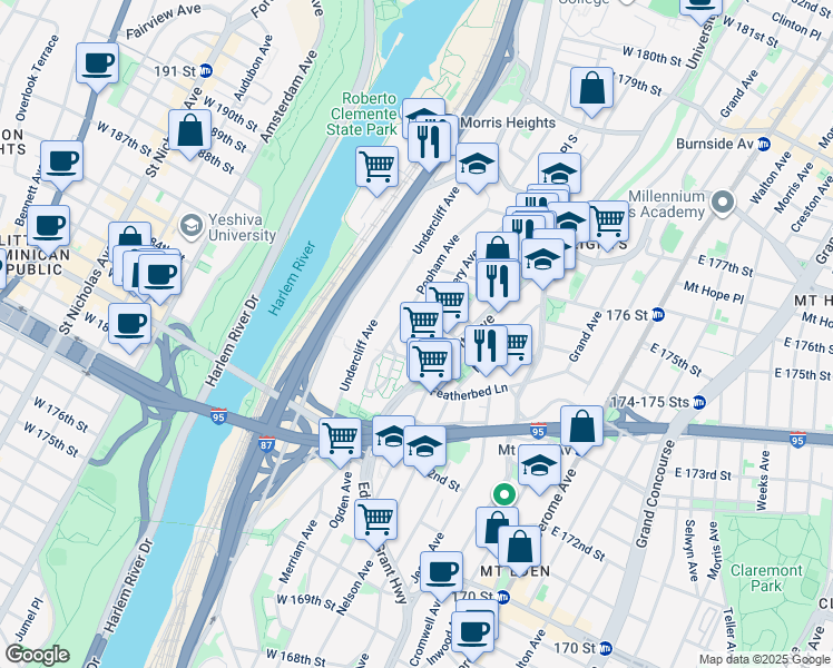 map of restaurants, bars, coffee shops, grocery stores, and more near 1491 Montgomery Avenue in The Bronx