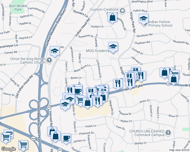 map of restaurants, bars, coffee shops, grocery stores, and more near 5 Plum Tree Lane in Commack