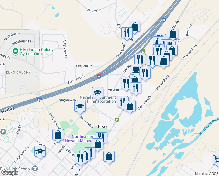 map of restaurants, bars, coffee shops, grocery stores, and more near 901 Country Club Drive in Elko