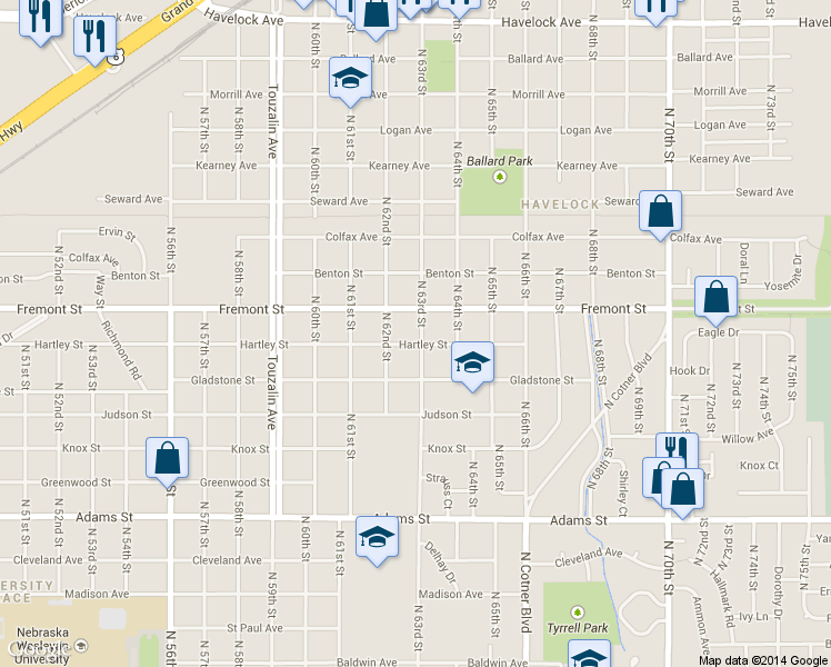 map of restaurants, bars, coffee shops, grocery stores, and more near 3505 N 63rd St in Lincoln