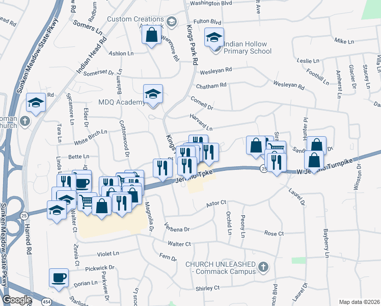 map of restaurants, bars, coffee shops, grocery stores, and more near 24 Sandy Hill Road in Commack