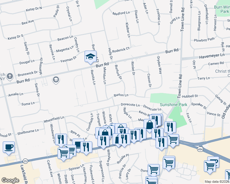 map of restaurants, bars, coffee shops, grocery stores, and more near 85 Burton Lane in Commack