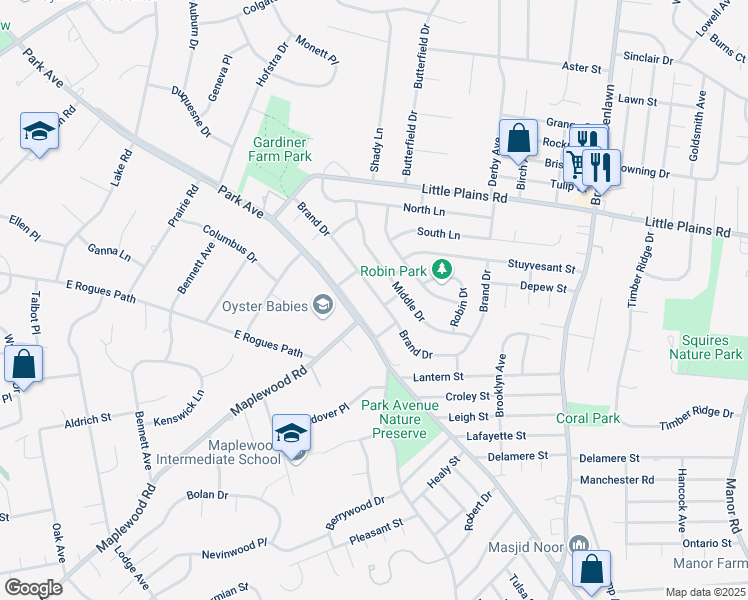 map of restaurants, bars, coffee shops, grocery stores, and more near 30 Brand Drive in Huntington