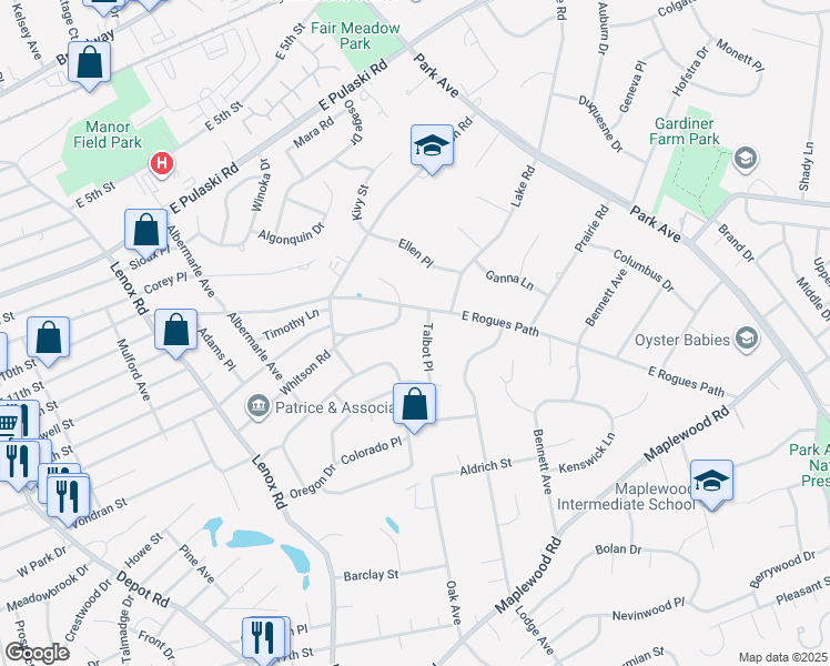 map of restaurants, bars, coffee shops, grocery stores, and more near 58 Fairfields Lane in Huntington Station