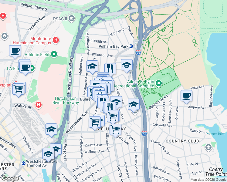 map of restaurants, bars, coffee shops, grocery stores, and more near 1803 Mahan Avenue in Bronx