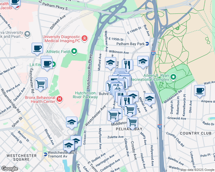 map of restaurants, bars, coffee shops, grocery stores, and more near 1824 Pilgrim Avenue in Bronx