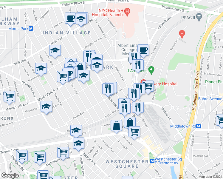 map of restaurants, bars, coffee shops, grocery stores, and more near 1610 Yates Avenue in Bronx