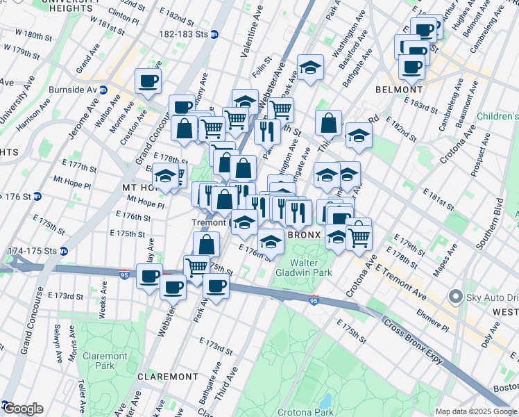 map of restaurants, bars, coffee shops, grocery stores, and more near 1948 Washington Avenue in The Bronx