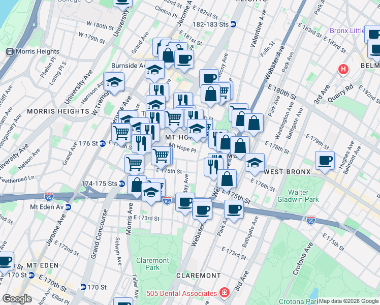 map of restaurants, bars, coffee shops, grocery stores, and more near 232 Mount Hope Place in Bronx