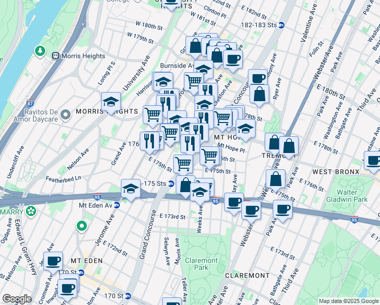map of restaurants, bars, coffee shops, grocery stores, and more near 149 East 176th Street in Bronx