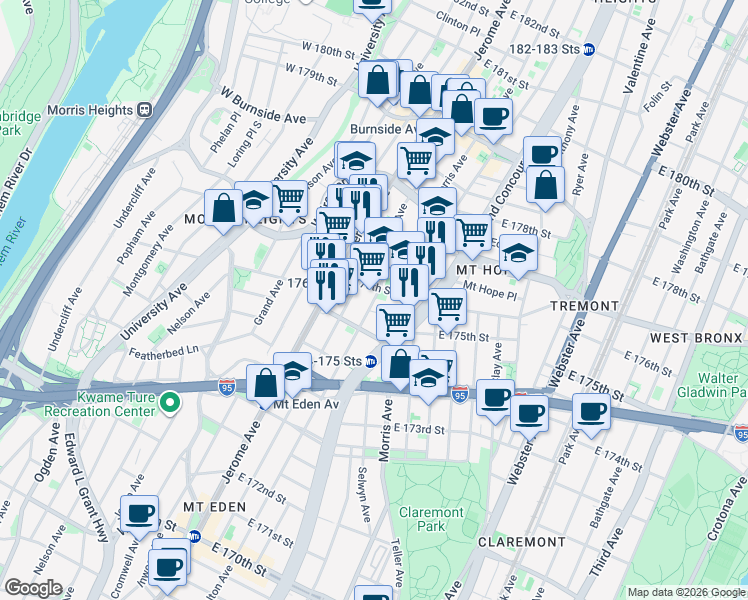 map of restaurants, bars, coffee shops, grocery stores, and more near 1790 Walton Avenue in Bronx