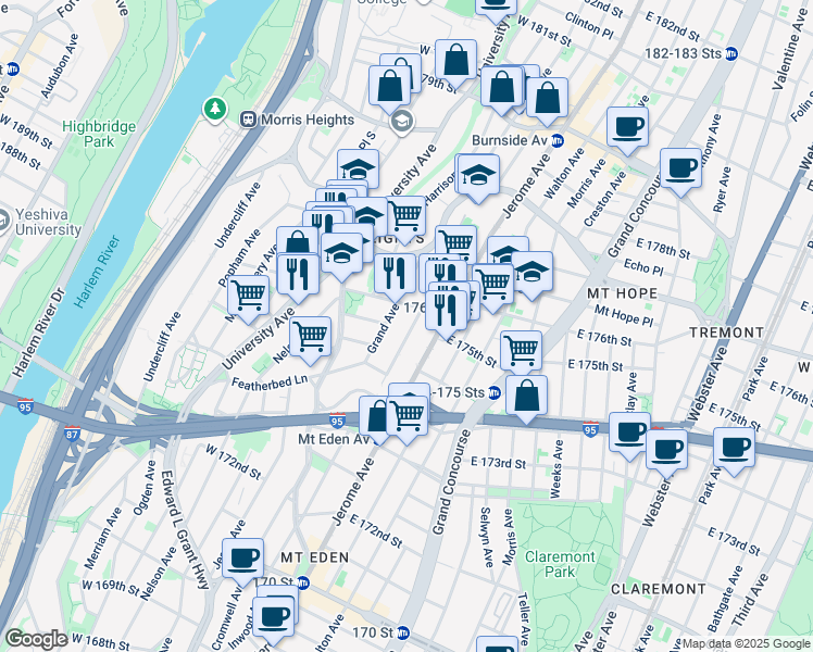 map of restaurants, bars, coffee shops, grocery stores, and more near 1692 Grand Avenue in Bronx