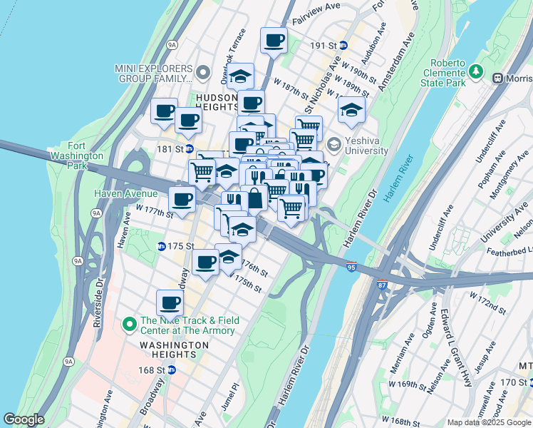 map of restaurants, bars, coffee shops, grocery stores, and more near 550 West 181st Street in New York