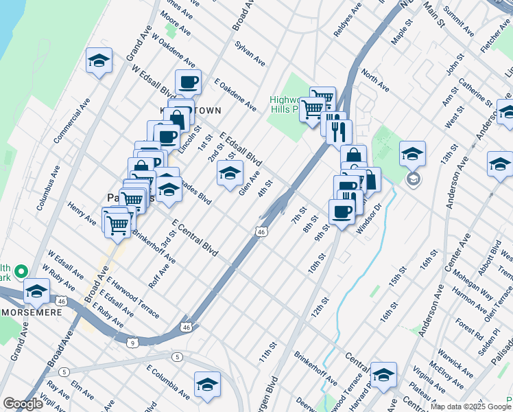 map of restaurants, bars, coffee shops, grocery stores, and more near 432 4th Street in Palisades Park