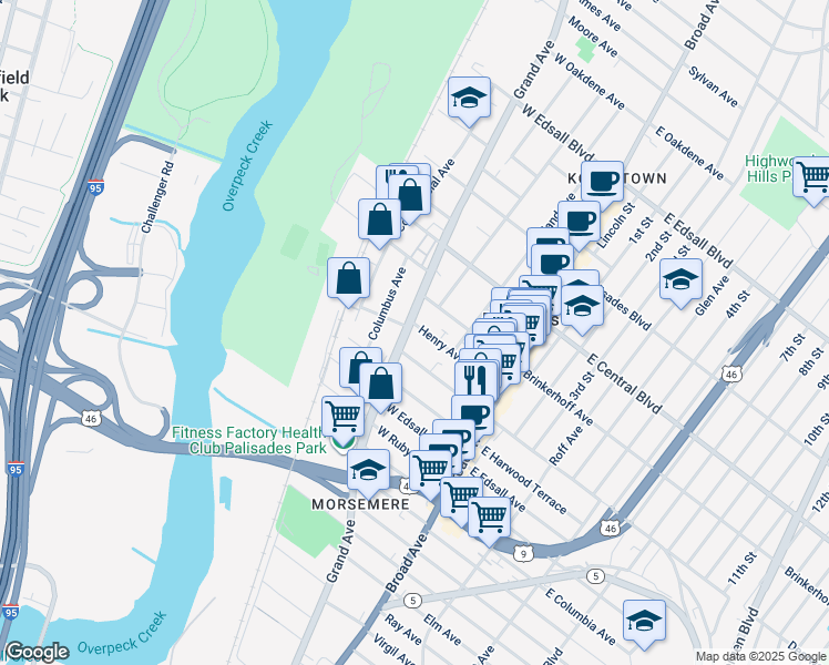 map of restaurants, bars, coffee shops, grocery stores, and more near 90 Henry Avenue in Palisades Park