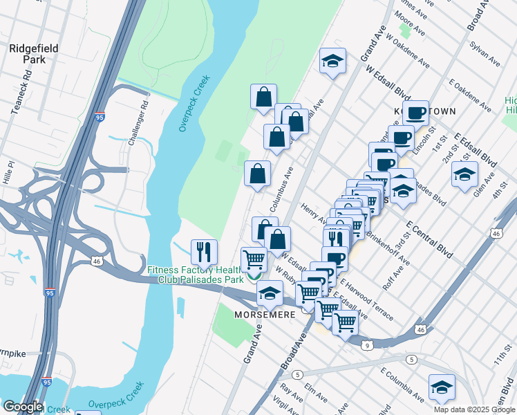 map of restaurants, bars, coffee shops, grocery stores, and more near 41 Prospect Street in Palisades Park
