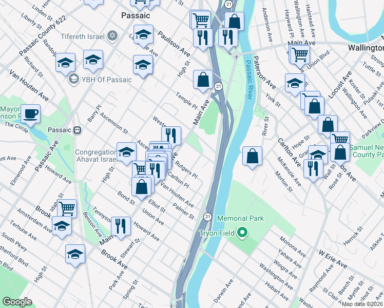 map of restaurants, bars, coffee shops, grocery stores, and more near 37 Westervelt Place in Passaic