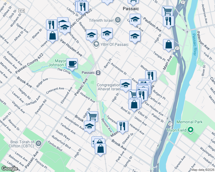 map of restaurants, bars, coffee shops, grocery stores, and more near 89 Reid Avenue in Passaic