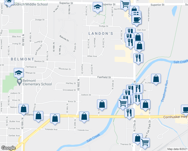 map of restaurants, bars, coffee shops, grocery stores, and more near 3700 North 22nd Street in Lincoln