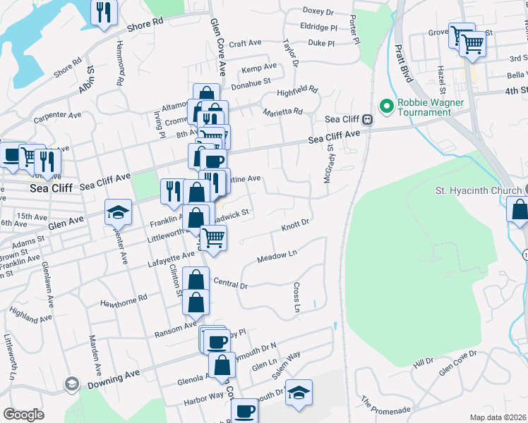 map of restaurants, bars, coffee shops, grocery stores, and more near 18 Alex Lane in Glen Cove
