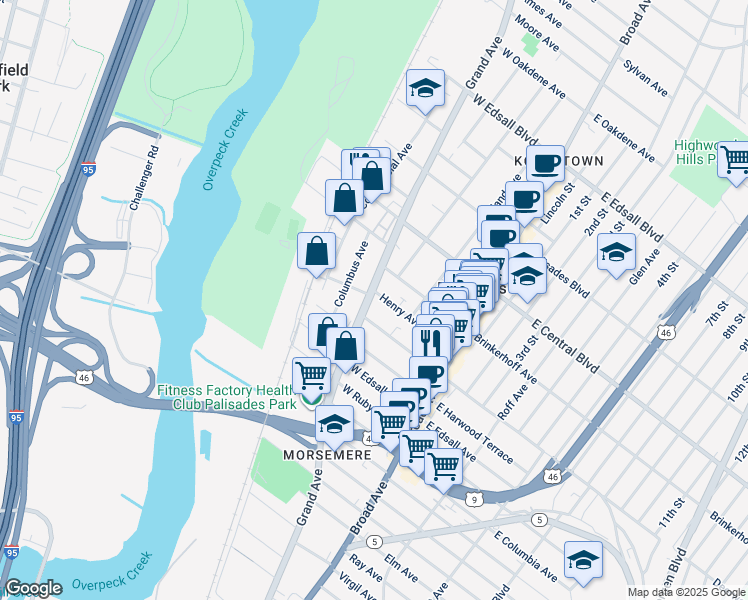 map of restaurants, bars, coffee shops, grocery stores, and more near 90 Henry Avenue in Palisades Park
