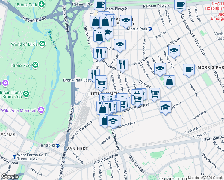 map of restaurants, bars, coffee shops, grocery stores, and more near 1908 Hunt Avenue in Bronx