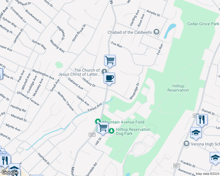 map of restaurants, bars, coffee shops, grocery stores, and more near 196 Mountain Avenue in Caldwell