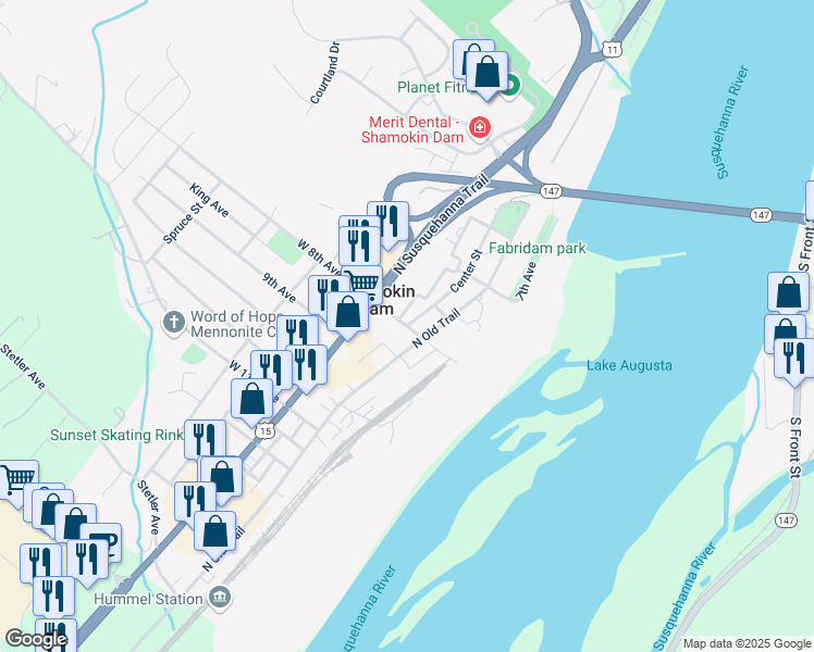 map of restaurants, bars, coffee shops, grocery stores, and more near 2 Center Street in Selinsgrove