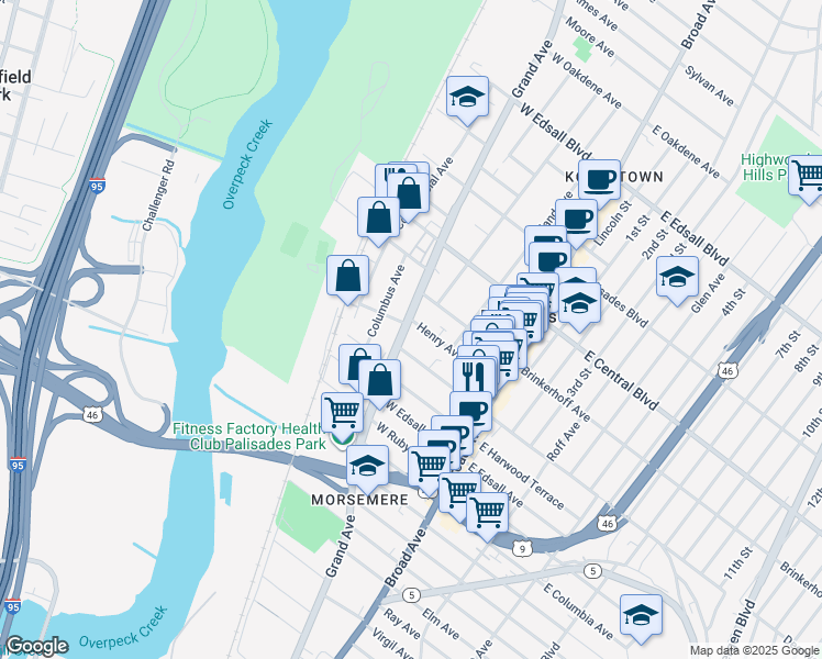map of restaurants, bars, coffee shops, grocery stores, and more near 90 Henry Avenue in Palisades Park