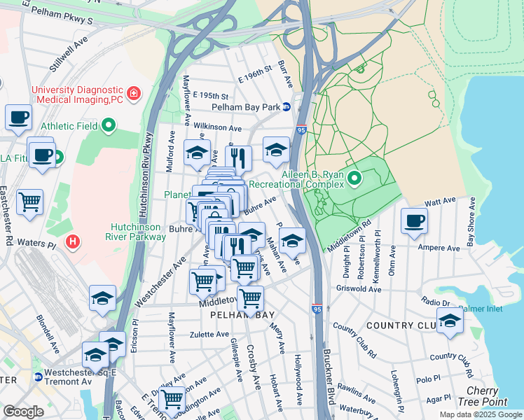 map of restaurants, bars, coffee shops, grocery stores, and more near 3120 Buhre Avenue in The Bronx