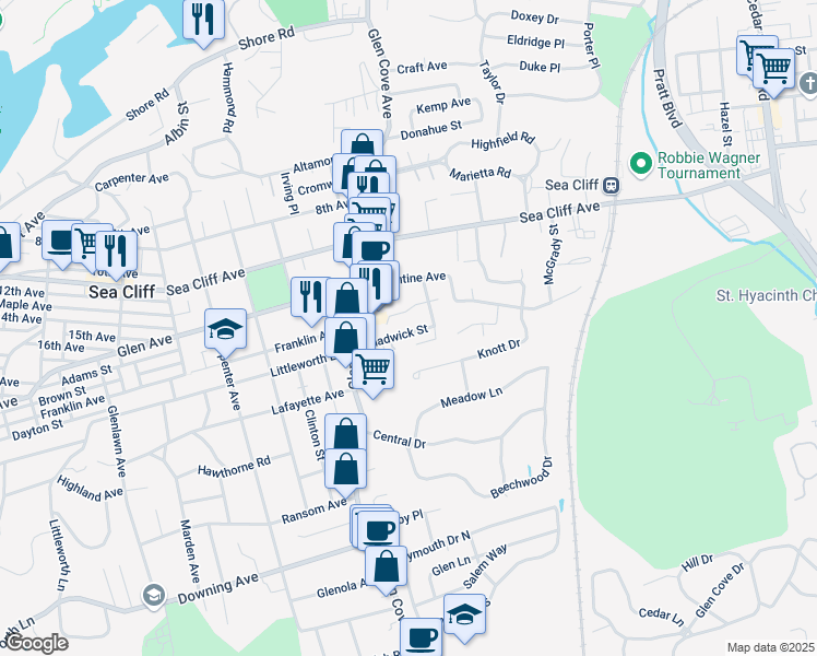 map of restaurants, bars, coffee shops, grocery stores, and more near 23 Chadwick Street in Glen Cove