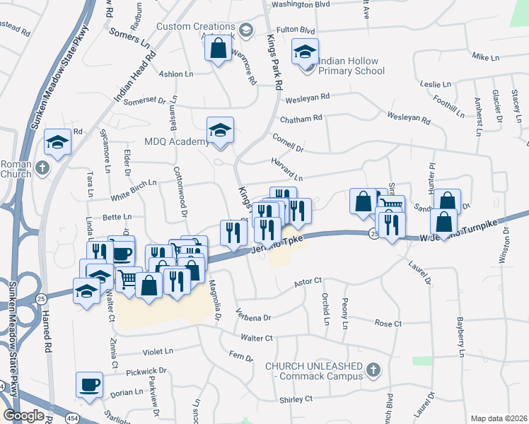 map of restaurants, bars, coffee shops, grocery stores, and more near 24 Sandy Hill Road in Commack