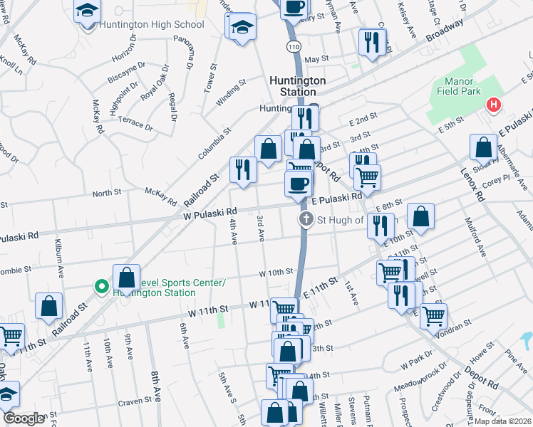 map of restaurants, bars, coffee shops, grocery stores, and more near 68 West Pulaski Road in Huntington Station