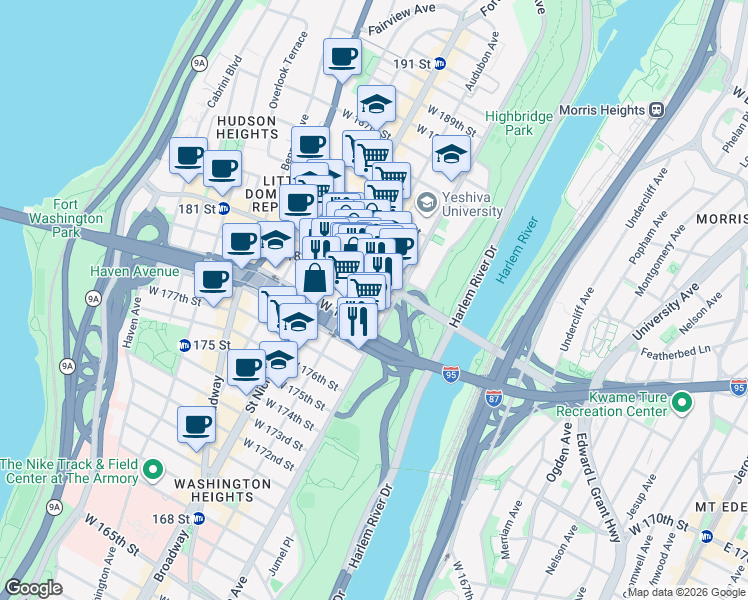 map of restaurants, bars, coffee shops, grocery stores, and more near in New York