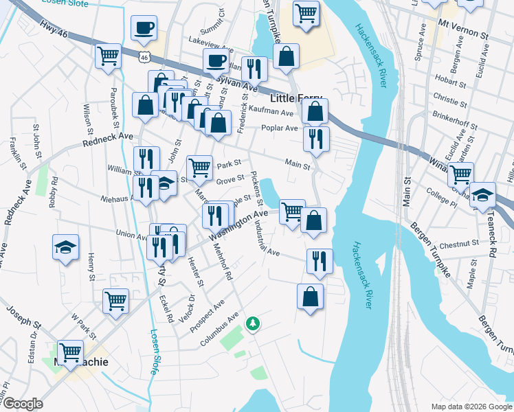 map of restaurants, bars, coffee shops, grocery stores, and more near 15 Maple Street in Little Ferry