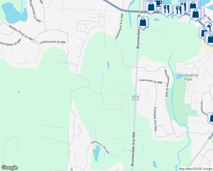 map of restaurants, bars, coffee shops, grocery stores, and more near 4633 Hilldale Street Northwest in Canton