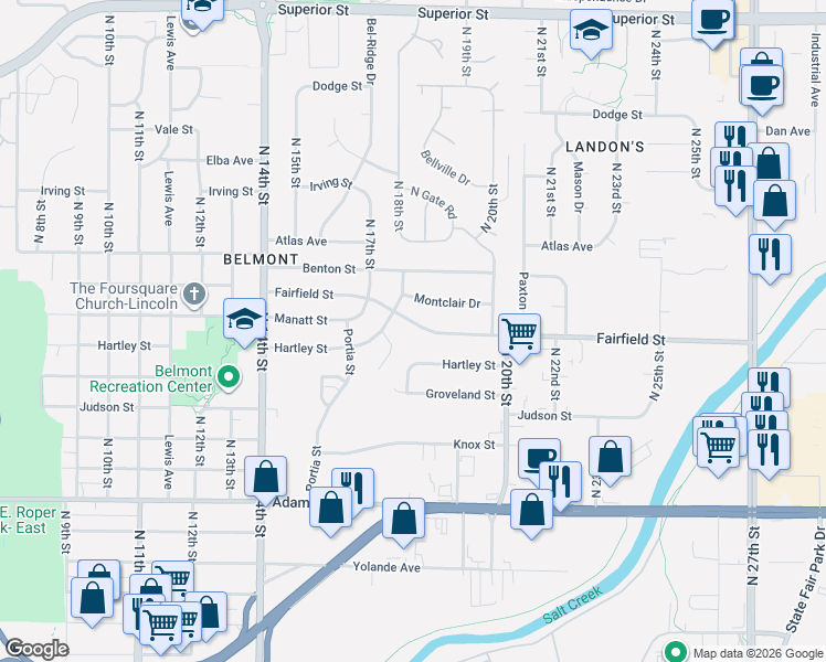 map of restaurants, bars, coffee shops, grocery stores, and more near 3632 Hartley Circle in Lincoln