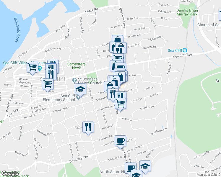 map of restaurants, bars, coffee shops, grocery stores, and more near 10 Franklin Avenue in Sea Cliff