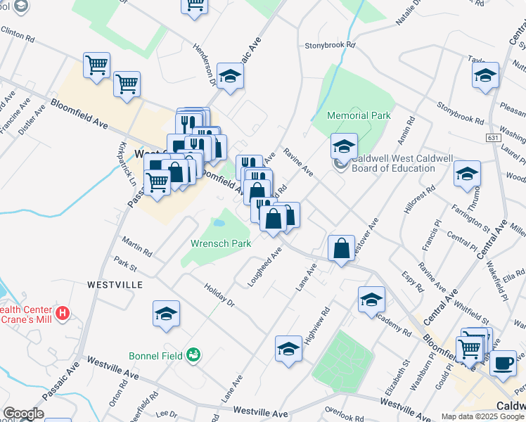 map of restaurants, bars, coffee shops, grocery stores, and more near 672 Bloomfield Avenue in West Caldwell