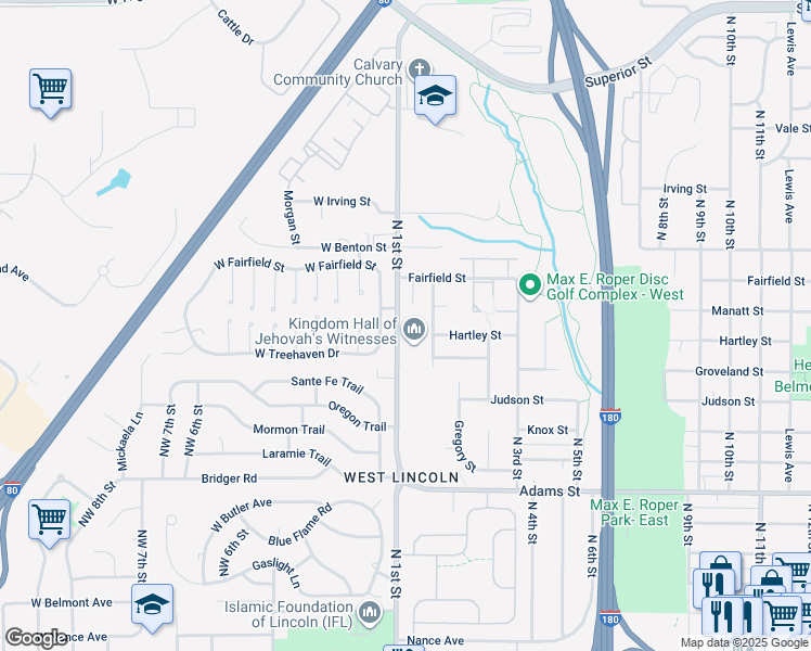 map of restaurants, bars, coffee shops, grocery stores, and more near 3636 North 1st Street in Lincoln