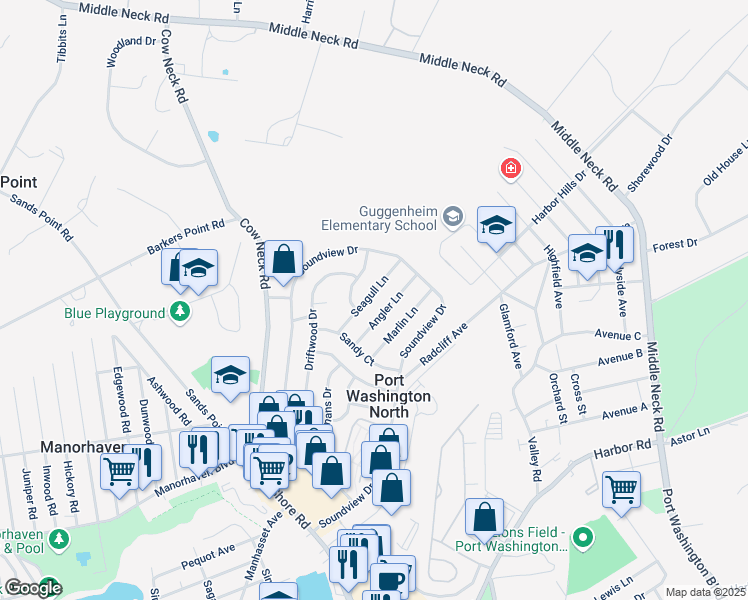 map of restaurants, bars, coffee shops, grocery stores, and more near 22 Sea Gull Lane in Port Washington