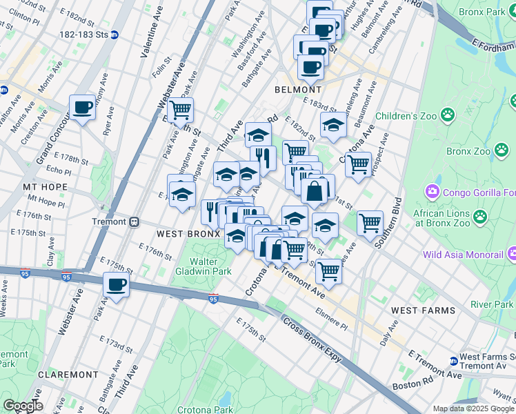 map of restaurants, bars, coffee shops, grocery stores, and more near 2023 Hughes Avenue in Bronx