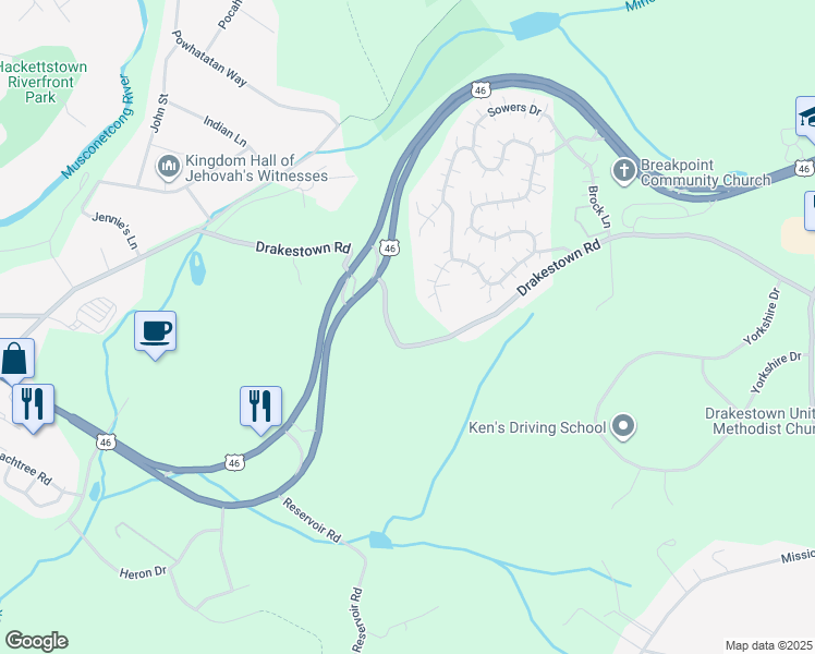 map of restaurants, bars, coffee shops, grocery stores, and more near 102 Drakestown Road in Hackettstown