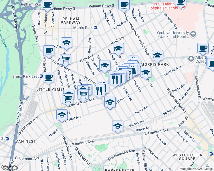 map of restaurants, bars, coffee shops, grocery stores, and more near 1821 Bogart Avenue in The Bronx