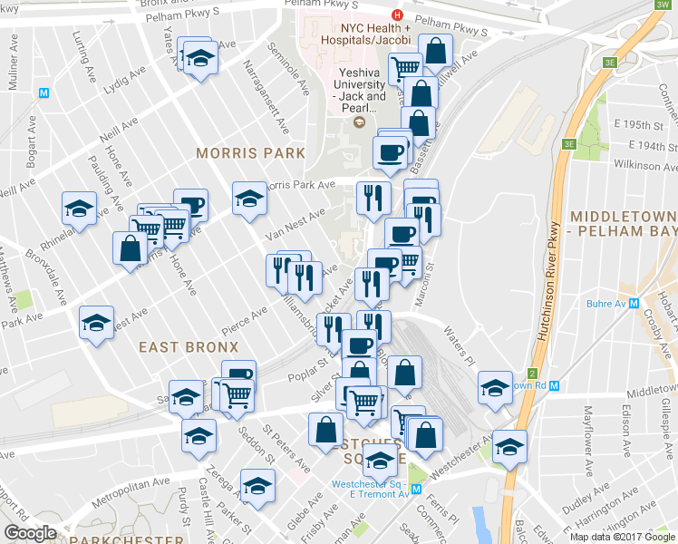 map of restaurants, bars, coffee shops, grocery stores, and more near 1190 Pierce Avenue in The Bronx