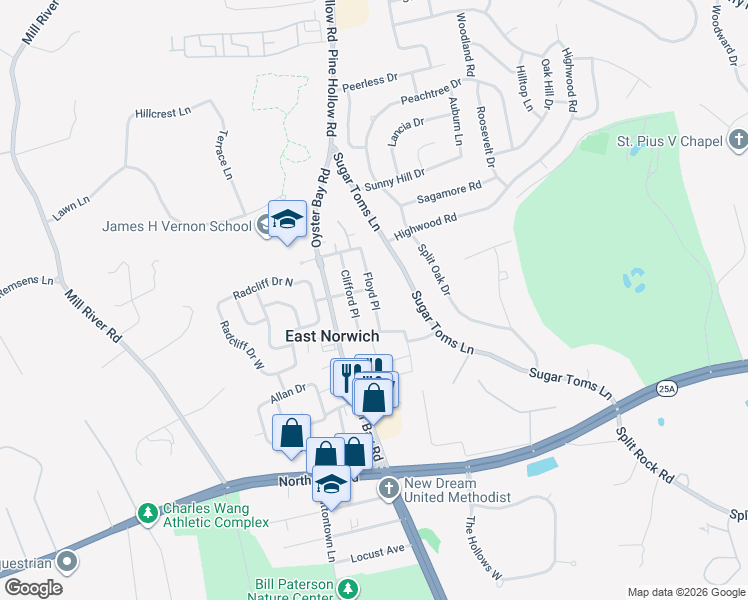 map of restaurants, bars, coffee shops, grocery stores, and more near 19 Floyd Place in East Norwich