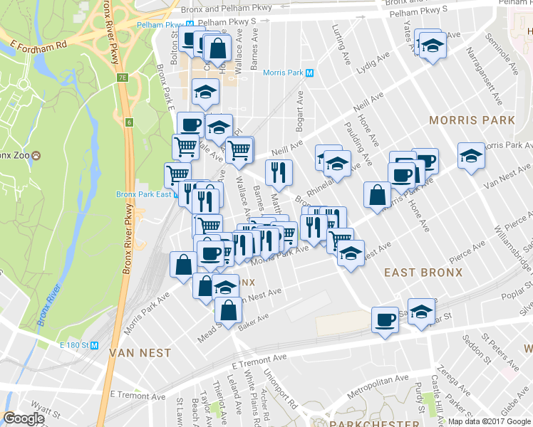 map of restaurants, bars, coffee shops, grocery stores, and more near 1868 Barnes Avenue in Bronx